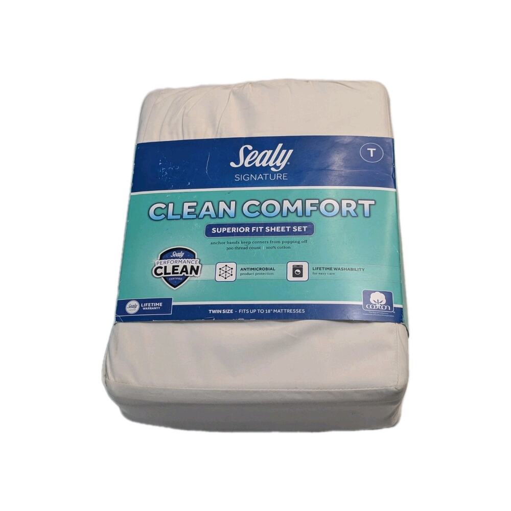 Sealy Signature Twin Size 300 TC Clean Comfort Solid Sheet Set Off White